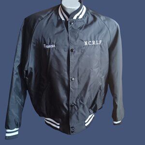 Vintage Medium Varisty Puffer Jacket 1990s Black Quilted Embroidery Snap USA